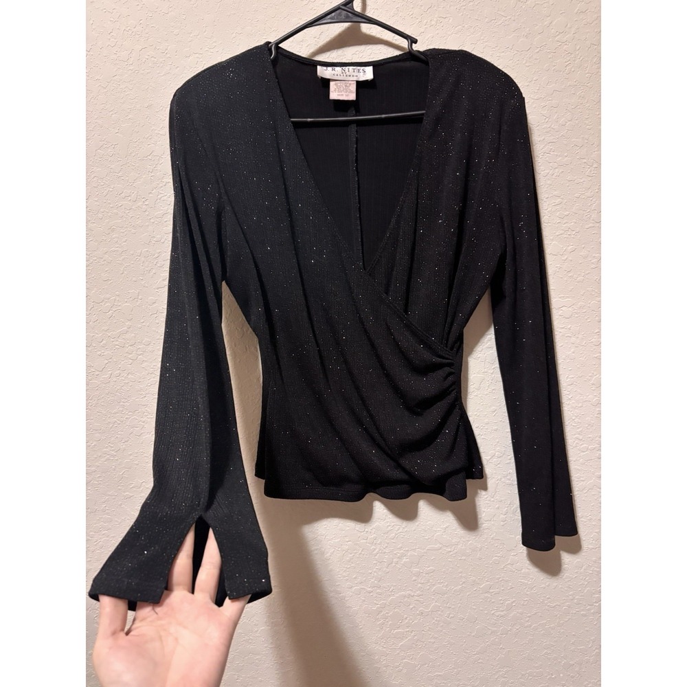 Vtg J.R. NITES Black Glitter Wrap Top 12 Whimsigoth Dark Academia Goth Y2K